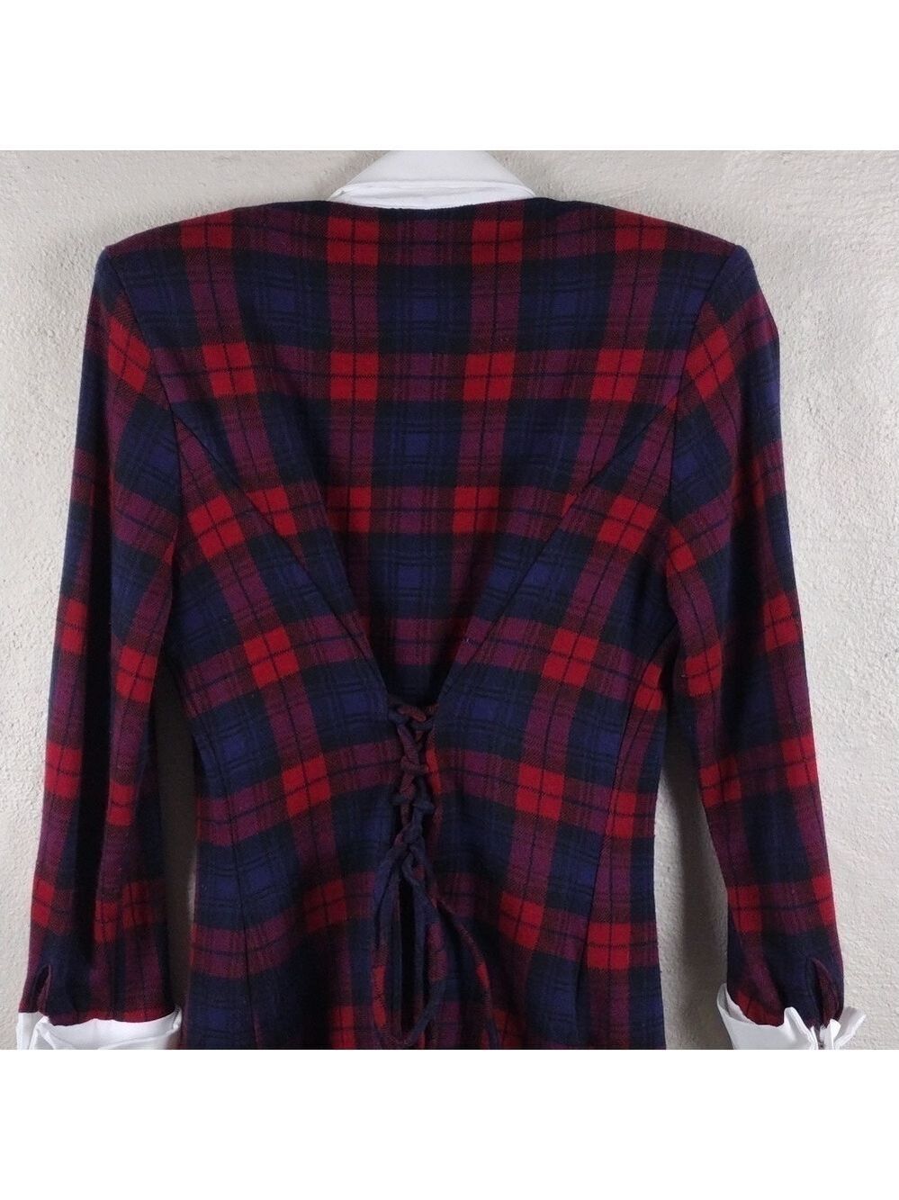 D.B.Y. Red Blue Tartan One Notched Button Long Sleeve Elastic Pull On Skirt Set - Picture 7 of 16